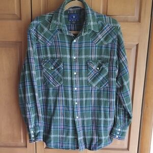 Painted Mesa Men's Green Plaid Shirt Size Large Comfort Fit Pearl Snaps